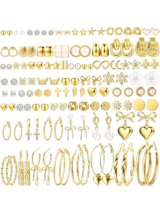 Jewelry - 75 Pairs Gold Stud Earrings Set for Women, Trendy Hypoallergenic Pearl Cubic